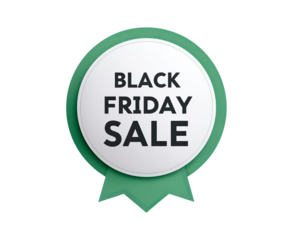 Black friday sale badge with green ribbon design on transparent background, PNG