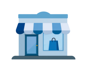 Blue and white shop exterior with striped awning and display window on transparent background, PNG