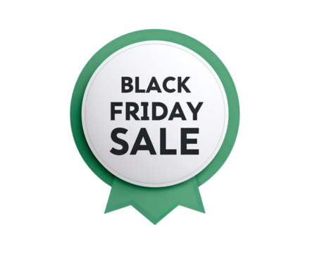 Black friday sale badge with green ribbon design on transparent background, PNG