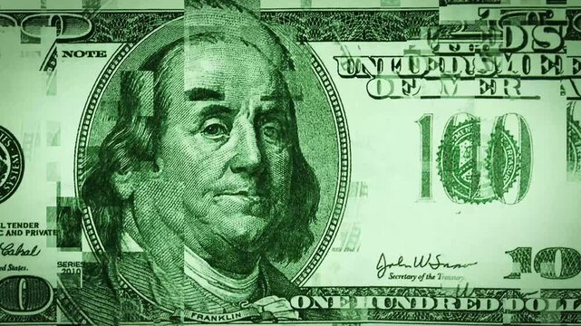 Close-up of a 100-dollar bill with a glitch effect. 4K