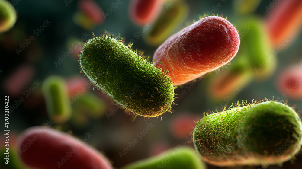 Poster close up view of several green and red bacteria cells floating in a dark environment