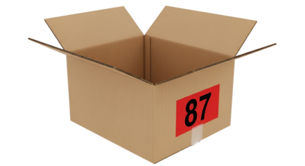 Open cardboard box with the number 87 printed on it isolated PNG with Transparent Background