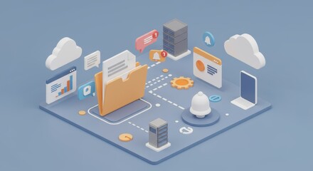 Isometric illustration depicting data management, cloud storage, and communication flow