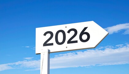 A directional sign pointing towards the year 2026 against a clear blue sky with scattered clouds.