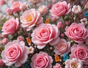 Delicate pink roses bloom with whimsical gummy bears scattered amongst the petals, creating a sweet and joyful floral arrangement.
