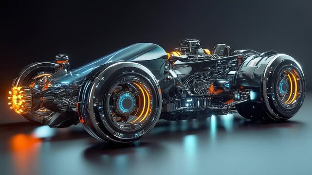 Futuristic racing vehicle with glowing features showcased