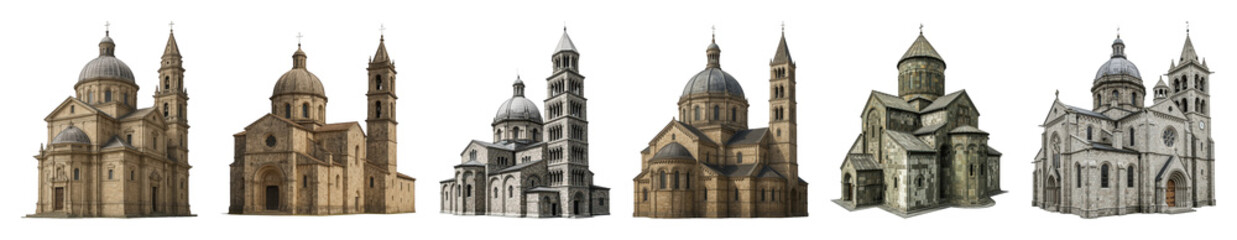 Fototapeta premium Historic church and cathedral set including diverse architectural styles isolated. Religious architecture collection.