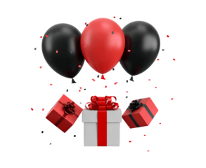 Red and black balloons with gift boxes and confetti celebration scene on transparent background, PNG