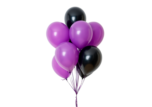 Vibrant purple and black balloons cluster on transparent background, PNG
