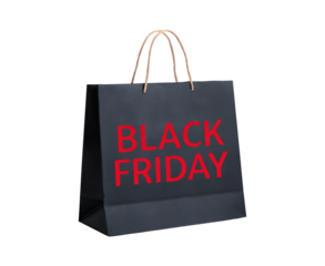Black friday shopping bag with red lettering on transparent background, PNG