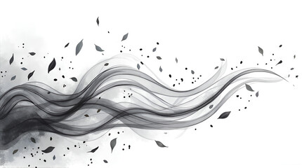 Elegant black flowing smoke or dust wave with scattered particles and leaves on white background