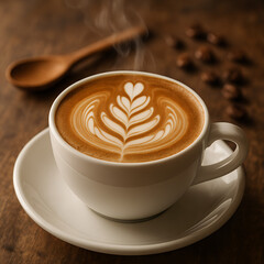 Elegant close-up of steaming cappuccino with intricate leaf-shaped latte art served in a white ceramic cup and saucer on rustic wooden table, with soft focus coffee beans and wooden spoon background, 