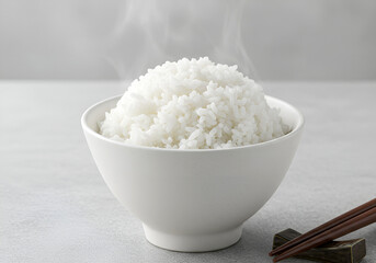 Close-Up of Steamed White Rice in Ceramic Bowl with Chopsticks on Minimalist Background