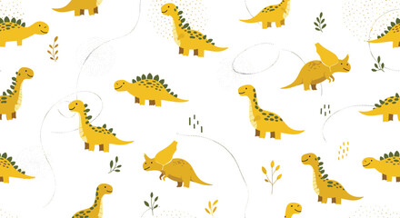 Naklejka premium Charming yellow dinosaurs pattern with delicate leaves and speckles on a white background for childrens designs