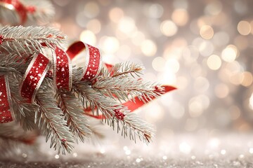 Obraz premium Christmas decorations showcase festive greenery and ribbons in a sparkling background highlighting the holiday spirit