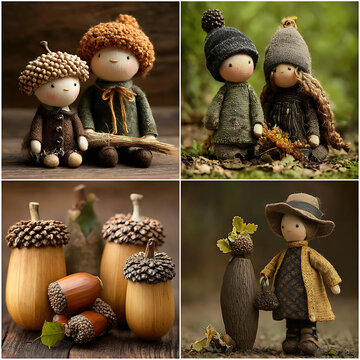 Cute Handmade Dolls with Acorns in Rustic Autumn Style
