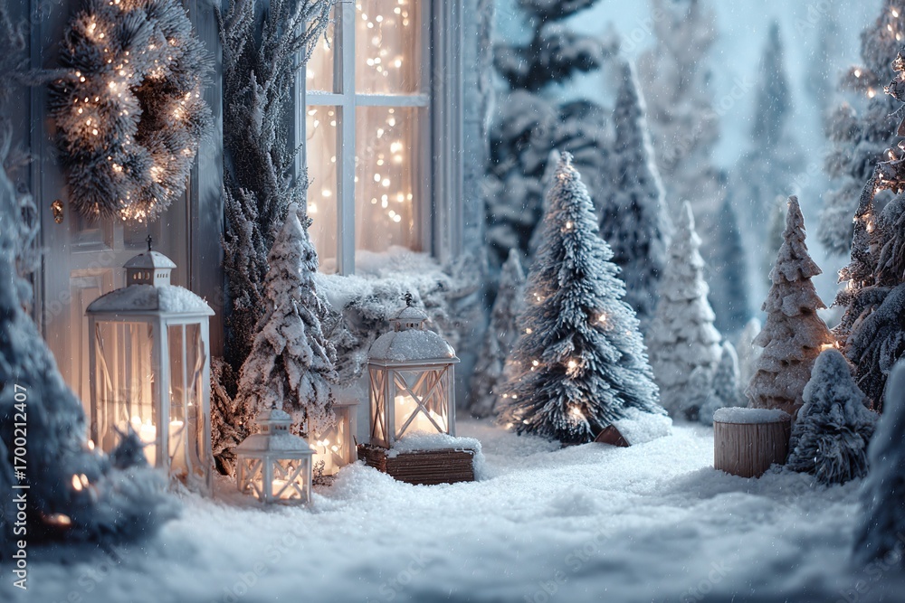 Poster winter wonderland scene featuring lanterns and snowy pine trees in a tranquil setting during twiligh