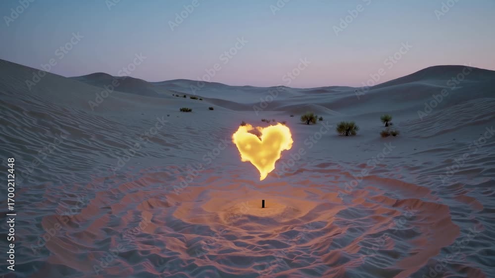 Poster a glowing heart shaped fire element hovering above desert sand dunes during dusk, creating a surreal