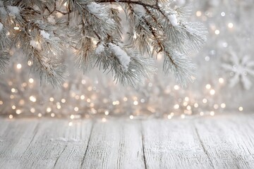 Winter wonderland setting with frosted branches and sparkling lights during the holiday season
