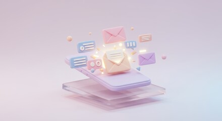 Pastel communication: Envelopes and messages levitating over a smartphone conveying digital