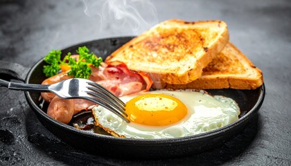 A steaming hot classic breakfast of fried egg, bacon, sausages, and toast in a cast iron skillet, ready to eat.