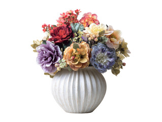 Colorful faux flowers in a ribbed, white vase