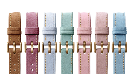Colorful watch straps in pastel hues.  Stitched leather bands in various shades of pink, rose, mint, and light blue