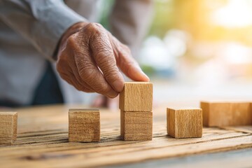 business man try to build wood block on wooden table and blur background business startup concept. High quality