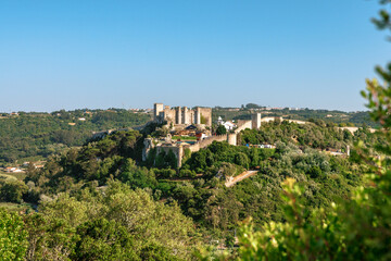Fototapeta premium Drone view of the medieval Óbidos Castle surrounded by lush greenery and trees in central Portugal, showing the walled town and rural landscape.