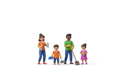 Fototapeta premium Cartoon Family Cleaning Together - Joyful, Diverse, and Ready to Tidy Up.