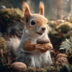 Obraz premium Cute Red Squirrel Holding Nut in Autumn Forest