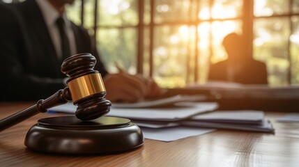 A close-up of a gavel resting on a table, with blurred figures in the background, suggesting a legal or courtroom setting.