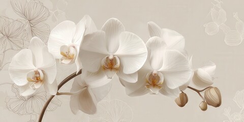 Minimalist Beige Wallpaper with White Orchid Flowers