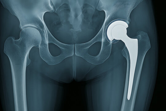 X-ray of total hip replacement with prosthetic implant