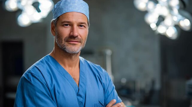Close-up of a confident surgeon in a blue suit and cap. Looking straight into the camera. A male doctor in an operating room, arms crossed over his chest. A professional, ready to work.