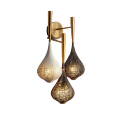 A three-light wall sconce features teardrop-shaped glass shades in varying shades of beige and gray