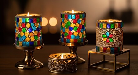 Illuminated Mosaic Candle Holders with Warm Glow and Colorful Gl
