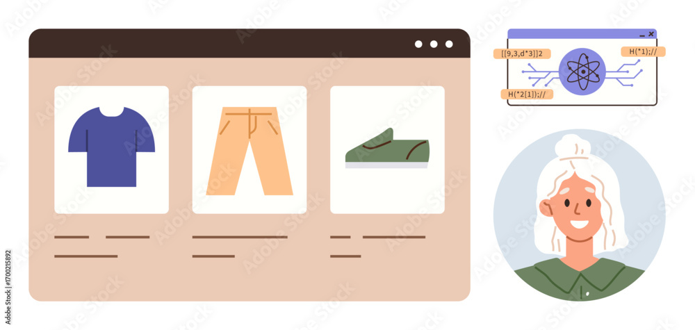 Poster e-commerce webpage displaying clothing items, user profile avatar, and diagram of data integration. 