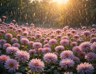 Soft pink chrysanthemum flowers bloom in a sun-drenched field with gentle rain falling.