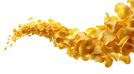 A curved, flowing cascade of golden, crisp potato chips against a black background.  The chips are highlighted, giving a sense of motion and texture