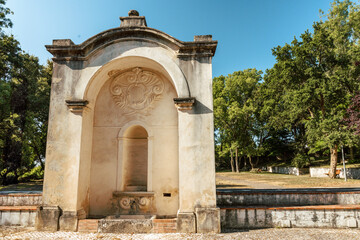 Fototapeta premium Photograph of the garden of the Convent of São Miguel in Gaeiras, Óbidos, Portugal. Religious building in Europe and tourist attraction.
