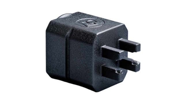 Dark gray, cube-shaped electrical connector with three prongs