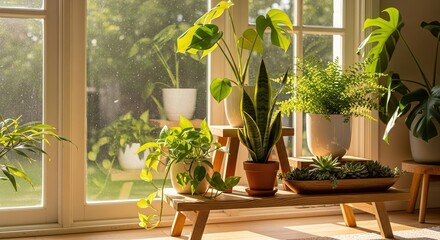 Indoor Garden Oasis: Assorted Potted Plants Bathed in Sunlight N