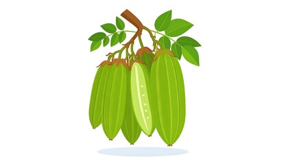 Brightly colored illustration of a cluster of long, green fruits hanging from a branch, showcasing lush leaves.