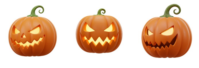 Spooky glowing jack-o'-lanterns with wicked grins create a haunting Halloween atmosphere with transparent background