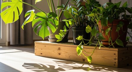 Indoor Jungle: Monstera, ZZ Plant, and Pothos Bathed in Sunlight