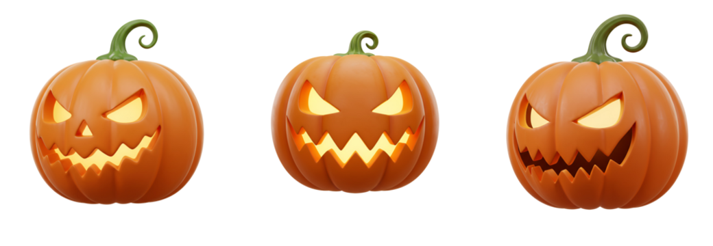 Spooky glowing jack-o'-lanterns with wicked grins create a haunting Halloween atmosphere with transparent background