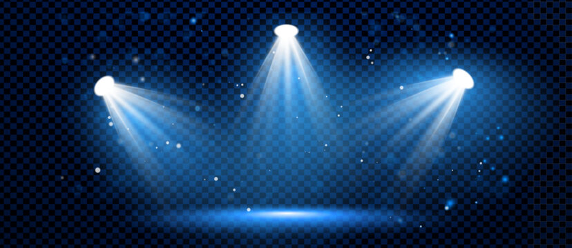 Blue spotlight snow overlay with stage light and dark background. Spot effect beams and winner scene shine by night. Neon podium backdrop or abstract banner for club.