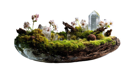 Miniature landscape scene with crystals, moss, and delicate flowers