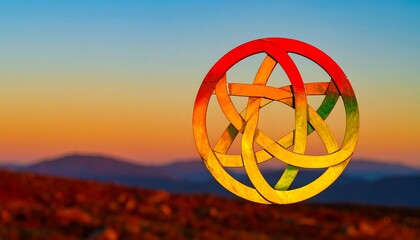Colorful geometric symbol against a vibrant sunset over mountains